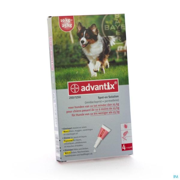 Advantix 250/1250 Chiens 10<25kg Fl 4x2,5ml